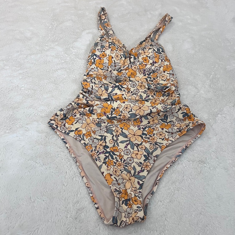Cupshe Floral One-Piece Swimsuit in Cream, Yellow & Navy